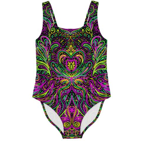 Front view of black one-piece swimsuit with neon pink green and yellow kaleidoscopic swirl print