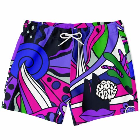 Hot pink abstract psychedelic rave swim trunks with blue swirl and lips graphic front view