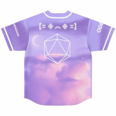 Dreamy sky rave jersey back view with icon face emblem and wireframe geometric shape print