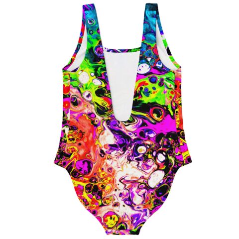 Vivid abstract fluid rave swimsuit back view showing plunge back and marbled color pattern
