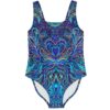 One-piece swimsuit with symmetrical psychedelic swirl print in teal, purple, gold on navy, flat lay