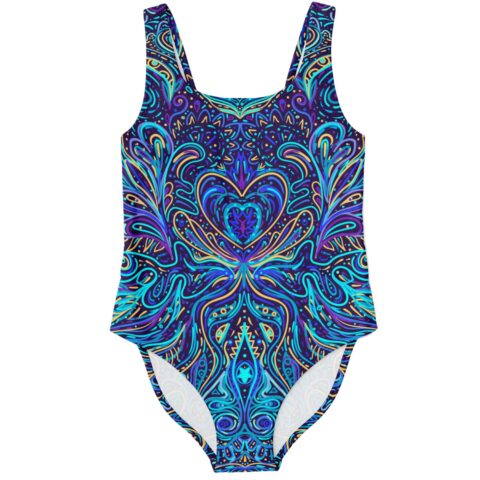One-piece swimsuit with symmetrical psychedelic swirl print in teal, purple, gold on navy, flat lay