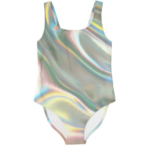 Holographic swirl one-piece rave swimsuit laid flat front view