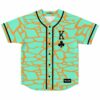 Mint cracked stone print rave baseball jersey with king of clubs graphic, front view