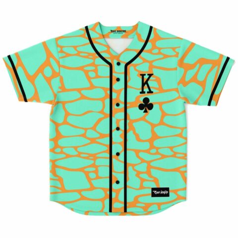 Mint cracked stone print rave baseball jersey with king of clubs graphic, front view