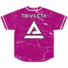 Back view of magenta marble jersey with TRIVECTA text and triangle emblem printed below collar