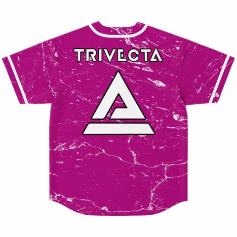 Back view of magenta marble jersey with TRIVECTA text and triangle emblem printed below collar
