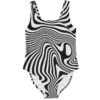 Black and white swirl one-piece rave swimsuit laid flat front view