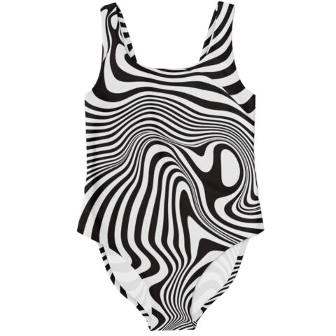 Black and white swirl one-piece rave swimsuit laid flat front view