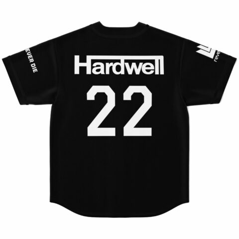 Back view of black Hardwell 22 rave jersey with Never Die sleeve print