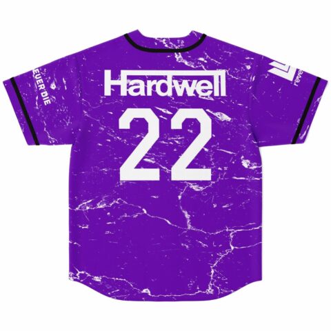 Purple marble rave baseball jersey back, bold number 22, text reading never die