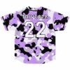 Purple camouflage baseball jersey back view with Trivecta 22 text print