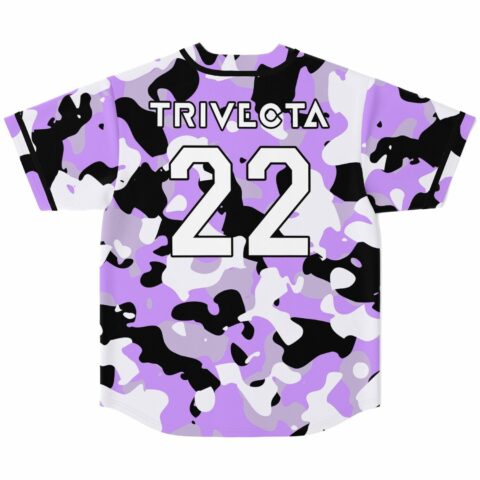 Purple camouflage baseball jersey back view with Trivecta 22 text print