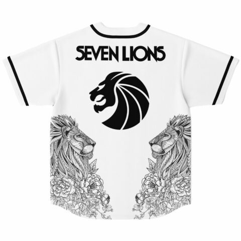 Back view of white jersey with bold lion head emblem and matching floral lion print