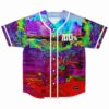 Glitch distorted rave baseball jersey front view in purple teal and red digital static print