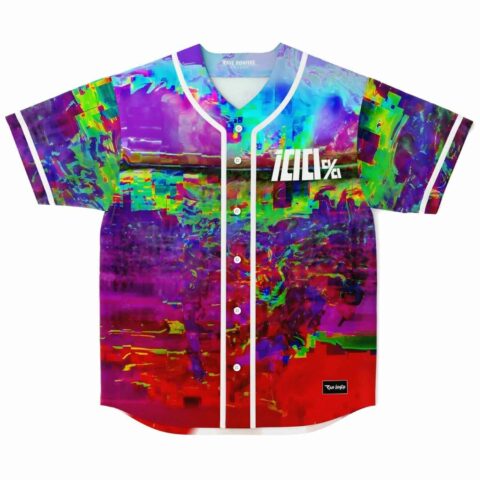 Glitch distorted rave baseball jersey front view in purple teal and red digital static print