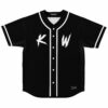 black baseball jersey with brushstroke KW lettering across the chest front view