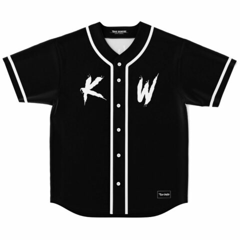 black baseball jersey with brushstroke KW lettering across the chest front view