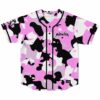 Pink camo baseball jersey with black snap buttons and Marauda text on chest, front view
