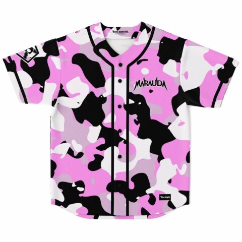 Pink camo baseball jersey with black snap buttons and Marauda text on chest, front view