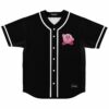 Black baseball jersey with trippy pink game-inspired character patch on chest, front view
