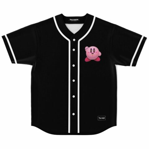 Black baseball jersey with trippy pink game-inspired character patch on chest, front view