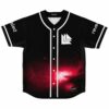 Red nebula rave baseball jersey with white arrow logo front view flat lay