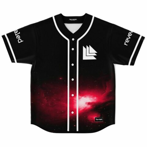 Red nebula rave baseball jersey with white arrow logo front view flat lay