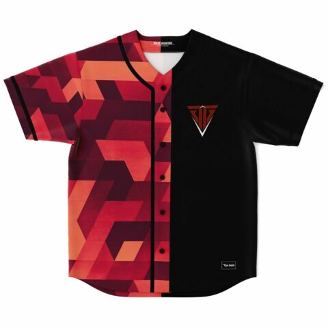 Red 3D isometric rave baseball jersey split with solid black front panel and V logo