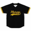 Black rave baseball jersey with yellow Plurgy script text on front