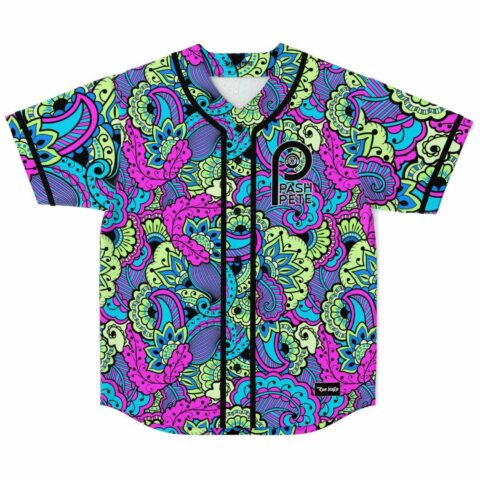 Neon paisley rave baseball jersey in magenta teal and lime with Pash Pete logo