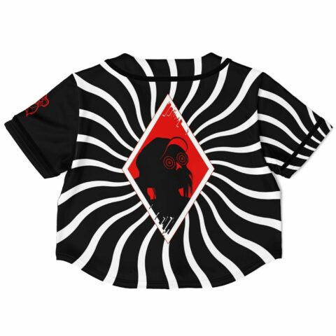 Goggled DJ silhouette in red diamond on swirl pattern crop jersey back print