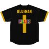 Black rave jersey back view with yellow cross and colorful PLUR text under Blueman name