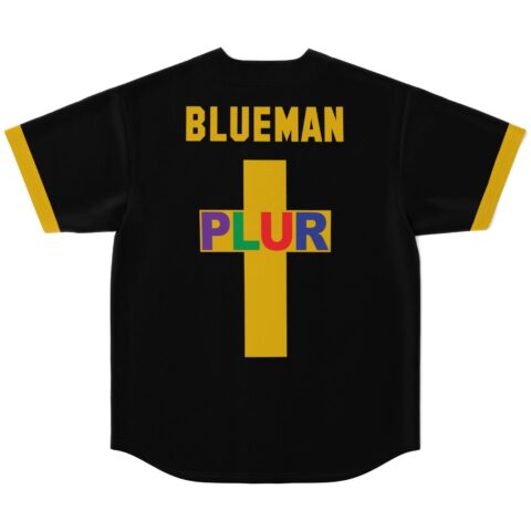 Black rave jersey back view with yellow cross and colorful PLUR text under Blueman name