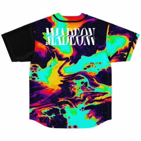 back view of liquid marble baseball jersey printed with Madeon in bold white text