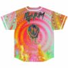 Back view of Hypnotic Swirl jersey with dripping text graphic, melting smiley, and rainbow flames