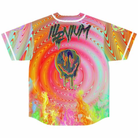 Back view of Hypnotic Swirl jersey with dripping text graphic, melting smiley, and rainbow flames