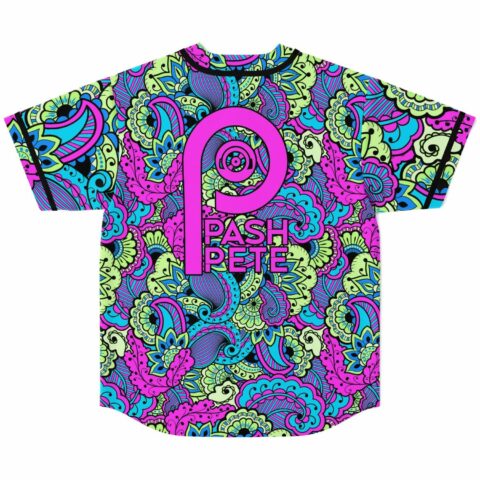 Back view of psychedelic paisley print jersey with large magenta Pash Pete logo across shoulders