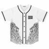 White baseball jersey with mirrored ornate lion and floral illustrations on front hem