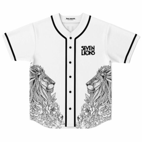 White baseball jersey with mirrored ornate lion and floral illustrations on front hem