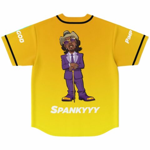 Yellow ombre back print of purple-suited pimp-inspired character with Spankyyy text below