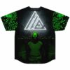 flat lay back view showing neon green circuit sleeves and glowing triangle rave baseball jersey