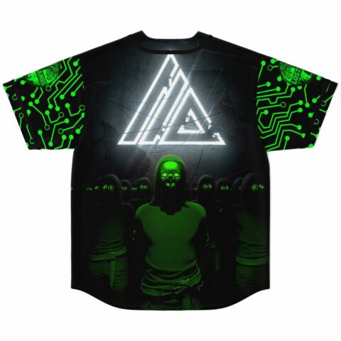 flat lay back view showing neon green circuit sleeves and glowing triangle rave baseball jersey