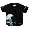 Black button-up rave baseball jersey with astronaut helmet photographic print and Rebels Nation sleeve text