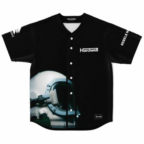 Black button-up rave baseball jersey with astronaut helmet photographic print and Rebels Nation sleeve text