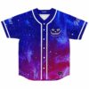 Cosmic galaxy rave baseball jersey with grinning cat face and We're All Mad Here text