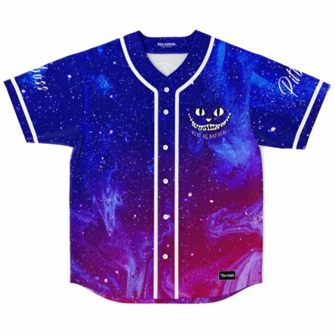 Cosmic galaxy rave baseball jersey with grinning cat face and We're All Mad Here text