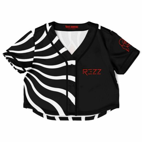 Black and white swirl print crop jersey with REZZ chest text, front view