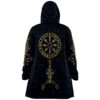 Norse rune cloak back view showing gold vegvisir compass emblem between shoulders