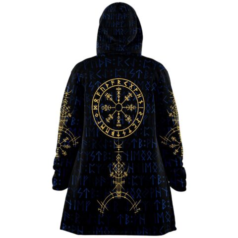 Norse rune cloak back view showing gold vegvisir compass emblem between shoulders